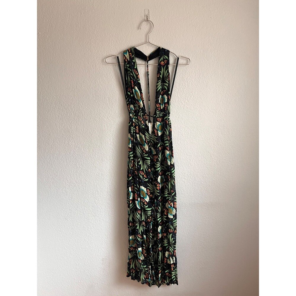 Brenda Quinn Anthropologie V-Neck Halter Maxi Dress in Black Floral Size XXS